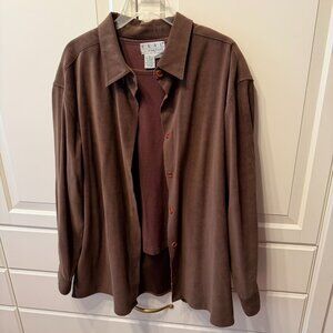 REAL COMFORT Brown Sueded Long-Sleeve Shirt Shacket Top & Matching Tee (Size XL)